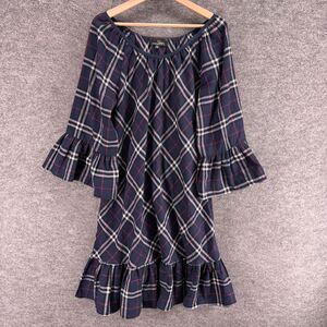 Suzanne Betro Dress Women XL Blue Plaid Shift Midi Long Sleeve Cotton Casual